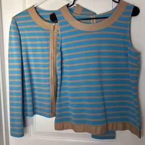 St. John knit cardigan set in blue and brown stripes with leather trim medium